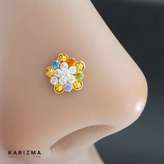18K Real Gold Women Multicolour CZ Excellent Nose Pin nose ring Push Pin