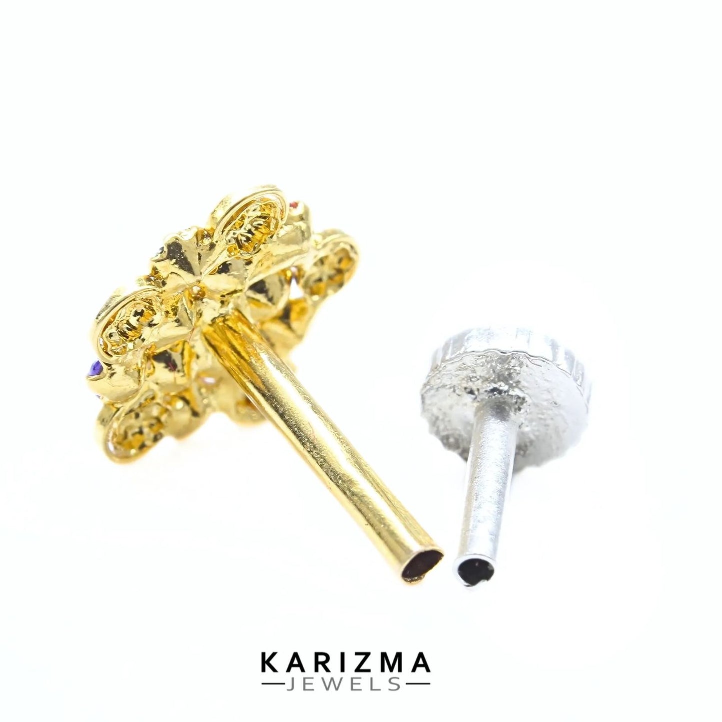 18K Real Gold Women Multicolour CZ Excellent Nose Pin nose ring Push Pin