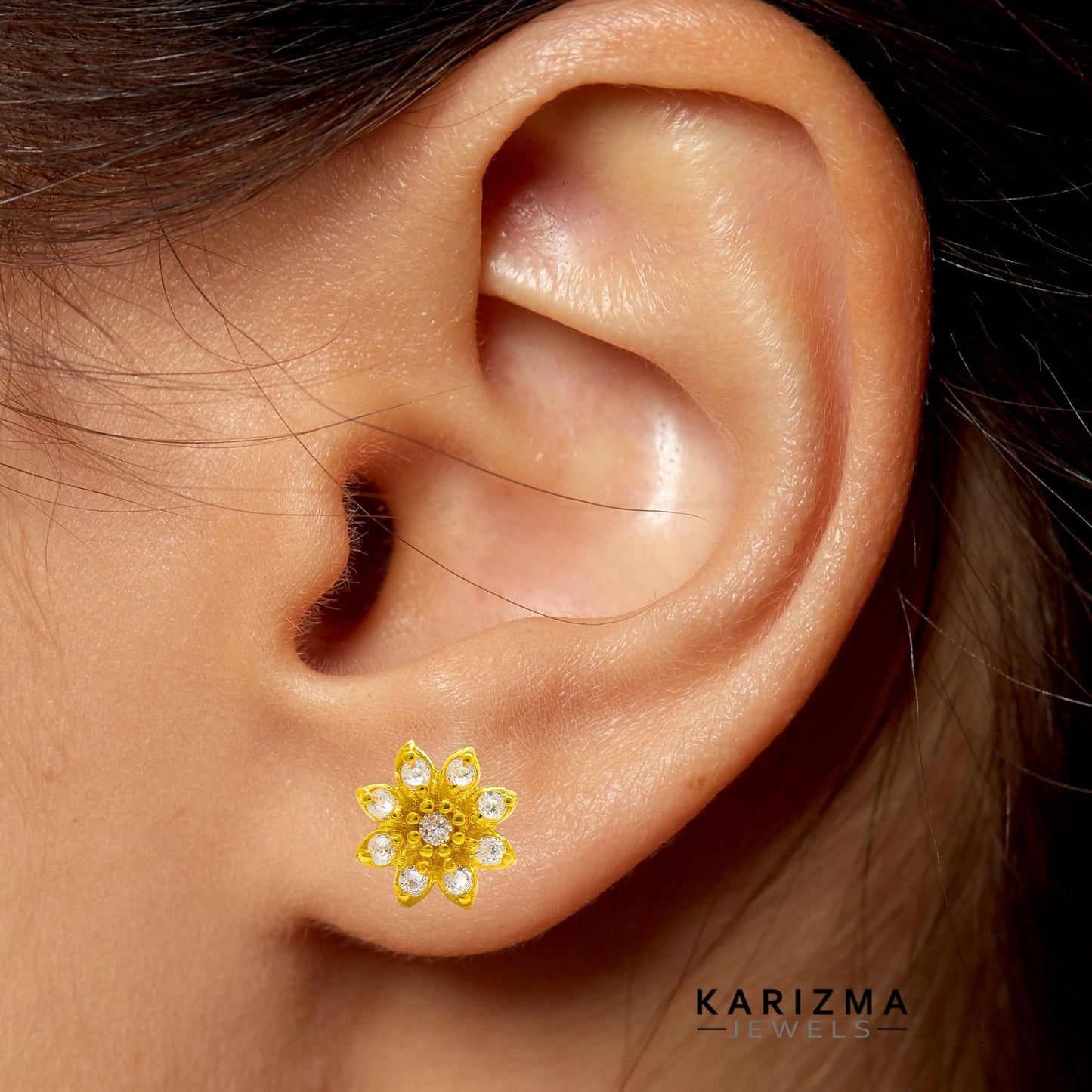 18K Real Gold star design Nose Pin cum Earring White CZ Gold Screw Back