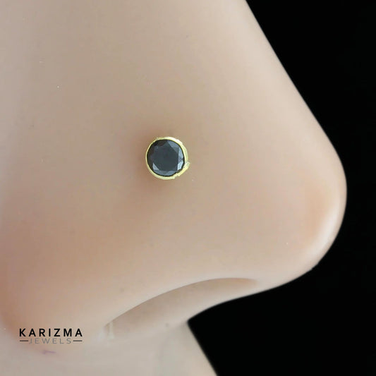 14K Real Gold Women Black  CZ Screw Nose stud nose ring