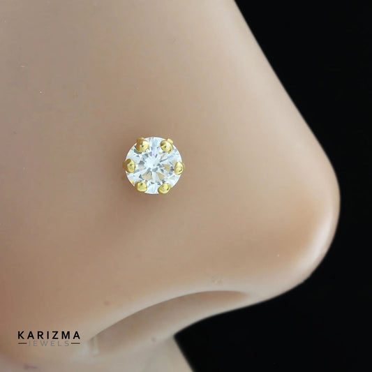 14K Real Gold Women White CZ Screw Round Nose stud nose ring