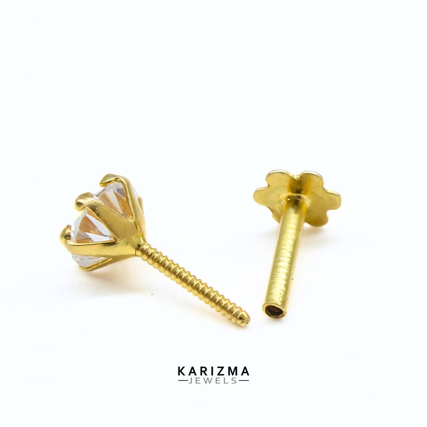 14K Real Gold Women White CZ Screw Round Nose stud nose ring