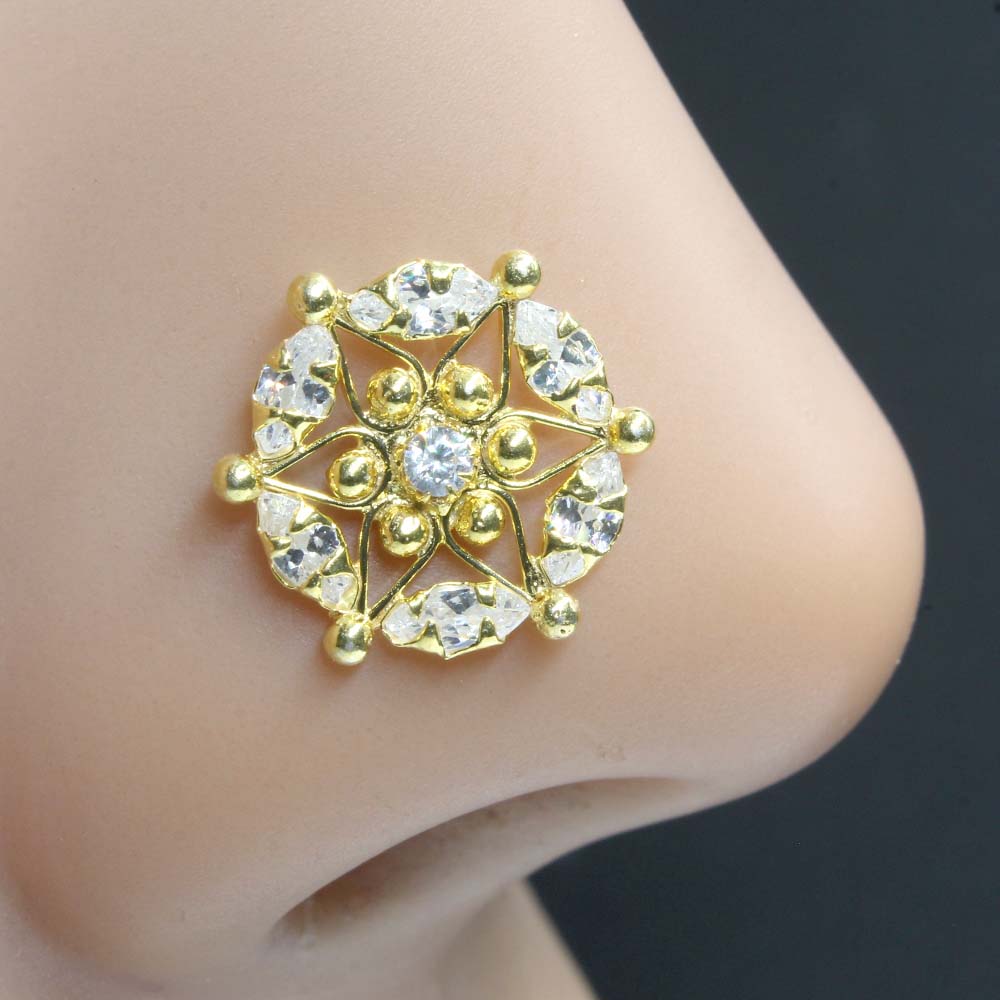925 Sterling Silver Floral Nose Pin with White Shiny Stones