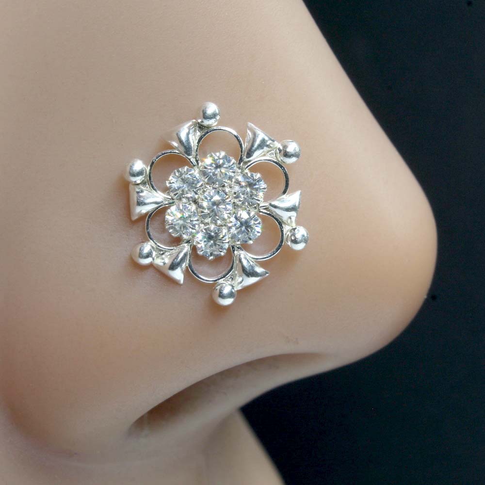 Real Silver Nose Ring with White Shiny Stones for women