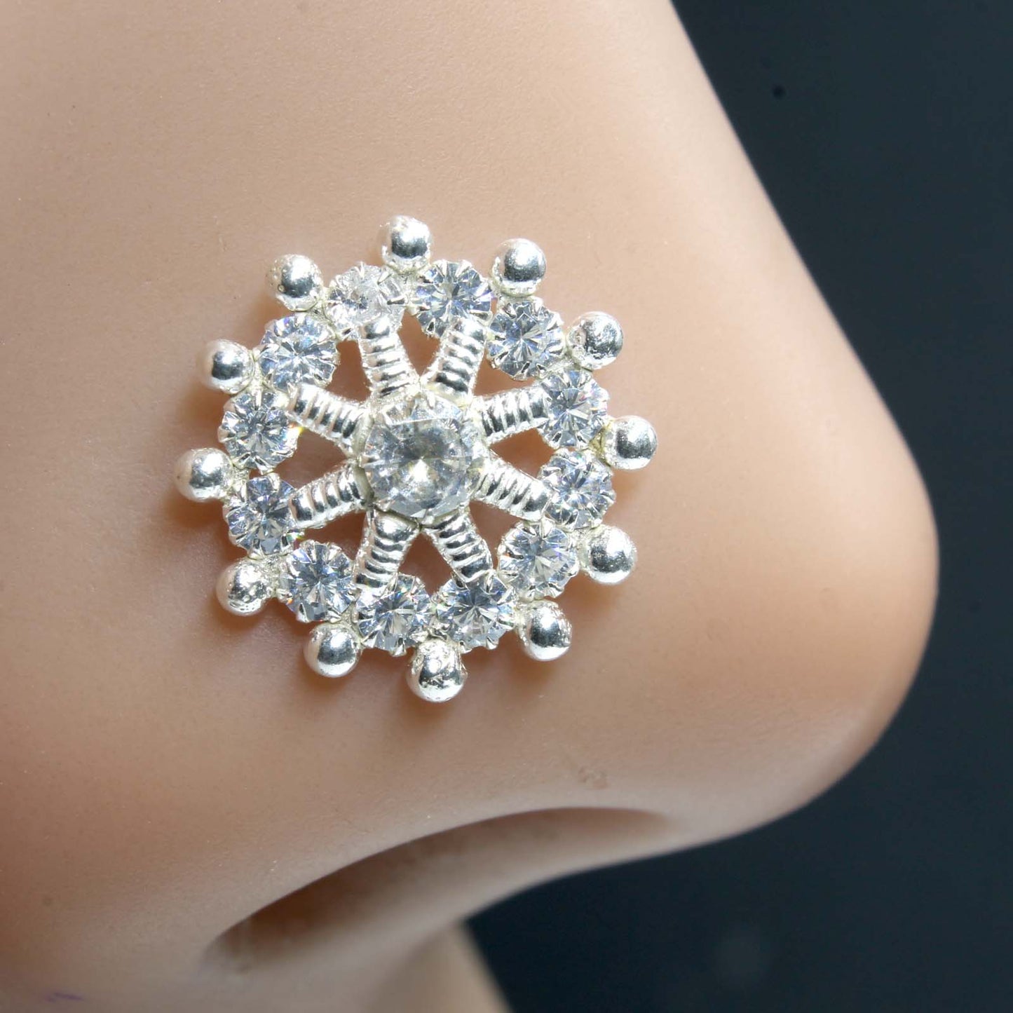 Indian Real Sterling Silver White CZ Women gifting jewelery Corkscrew nose ring 22g