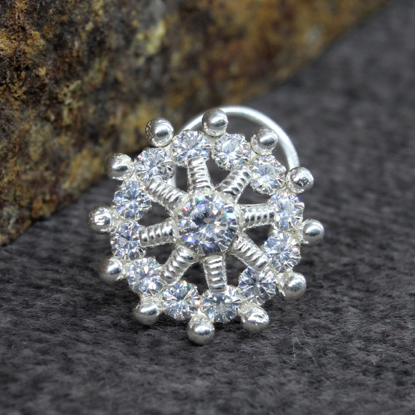Indian Real Sterling Silver White CZ Women gifting jewelery Corkscrew nose ring 22g