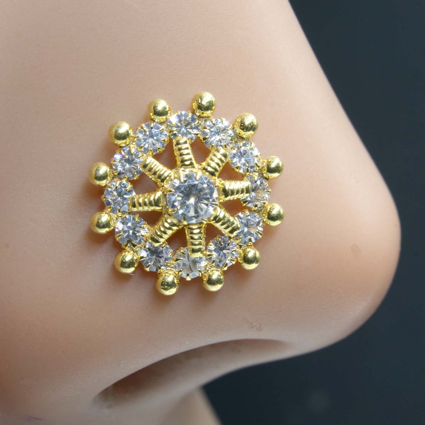 Indian Real Sterling Silver White CZ Women gifting jewelery Corkscrew nose ring 22g