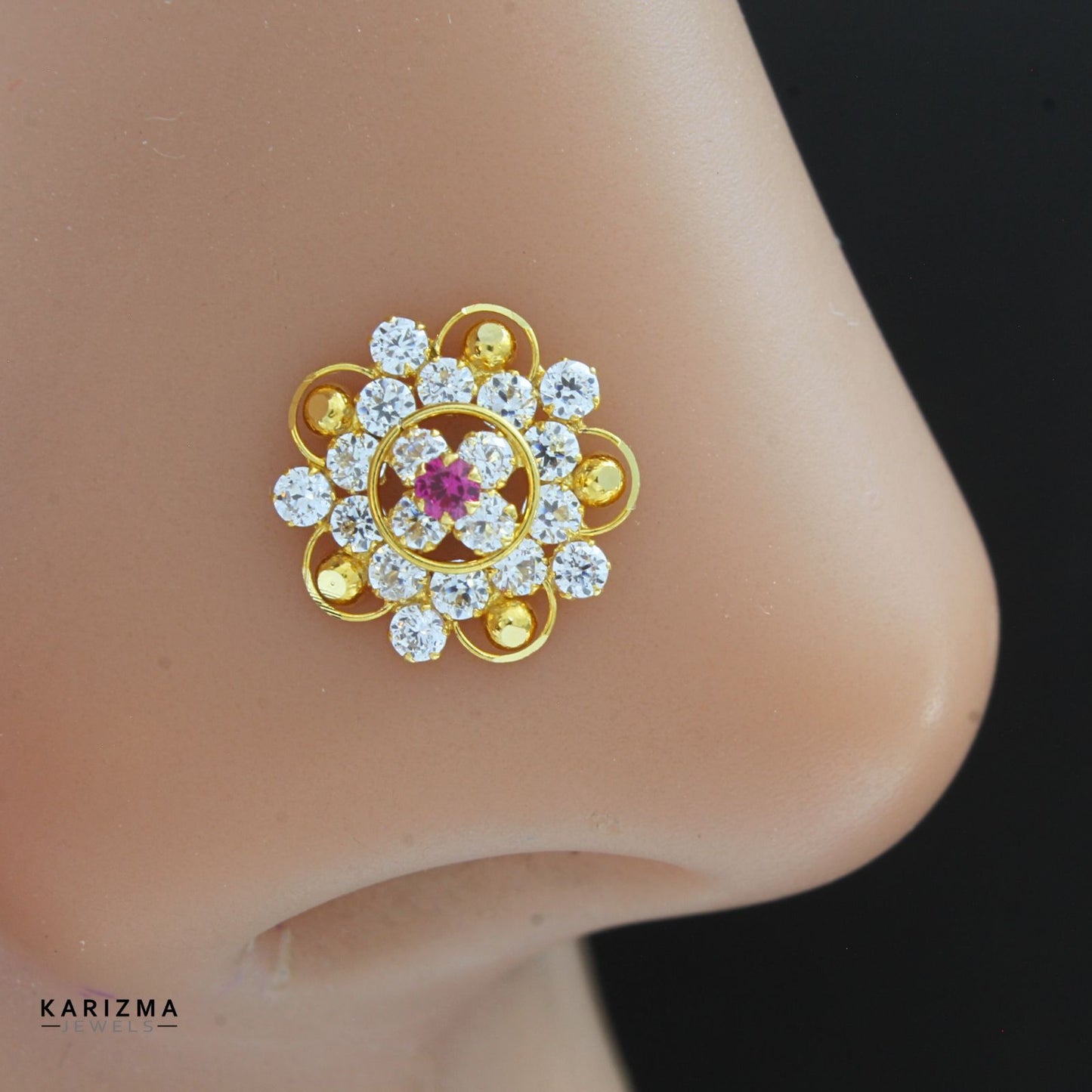 Cute Floral 18K Real Gold Indian Women Clear CZ Nose stud nose ring Push Pin