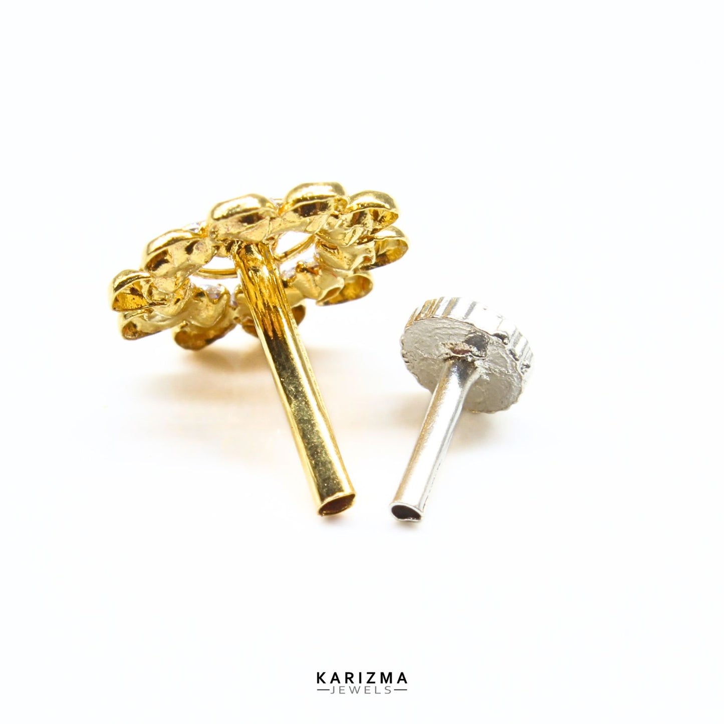 Cute Floral 18K Real Gold Indian Women Clear CZ Nose stud nose ring Push Pin