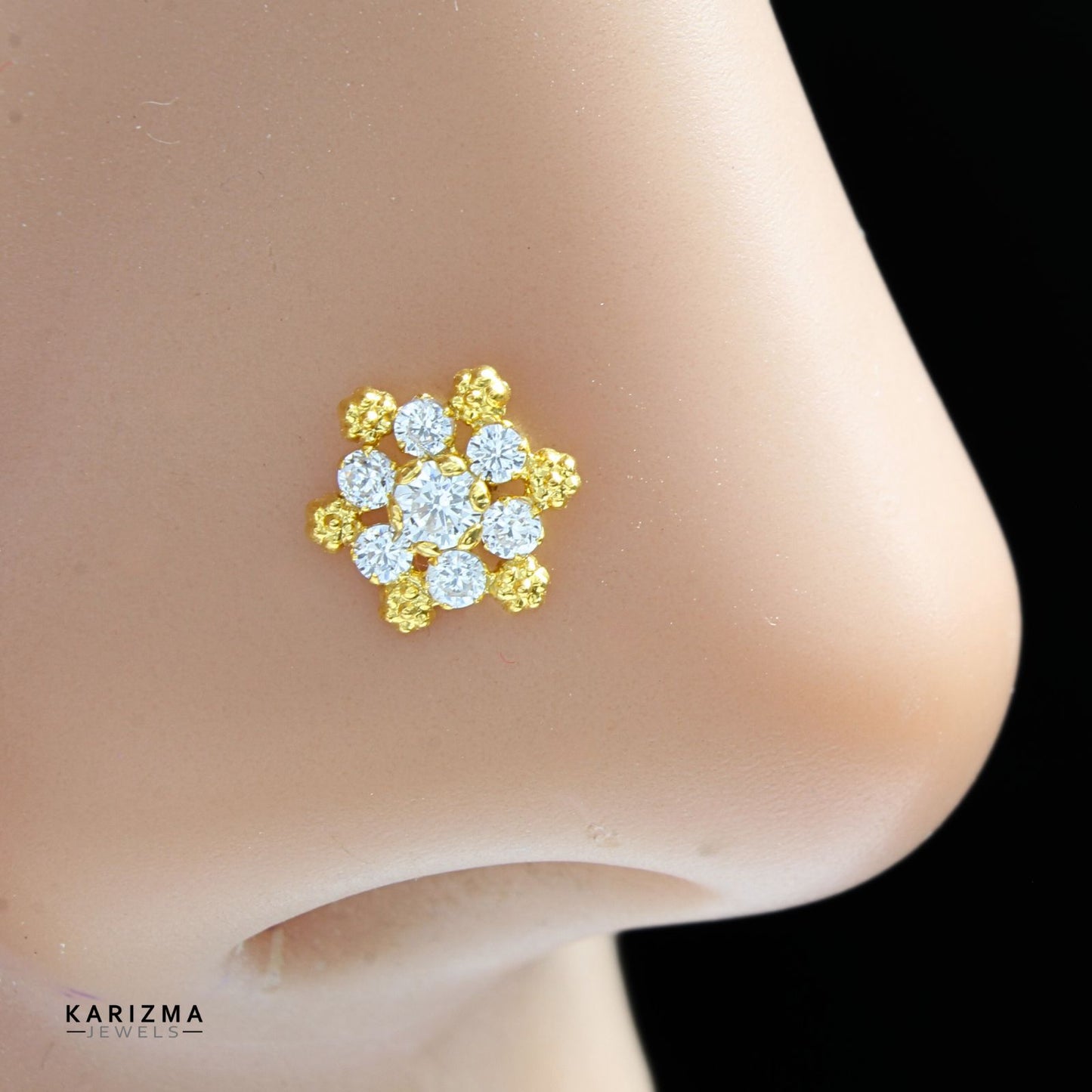 18K Real Gold Indian Women white CZ best Nose stud nose ring Push Pin