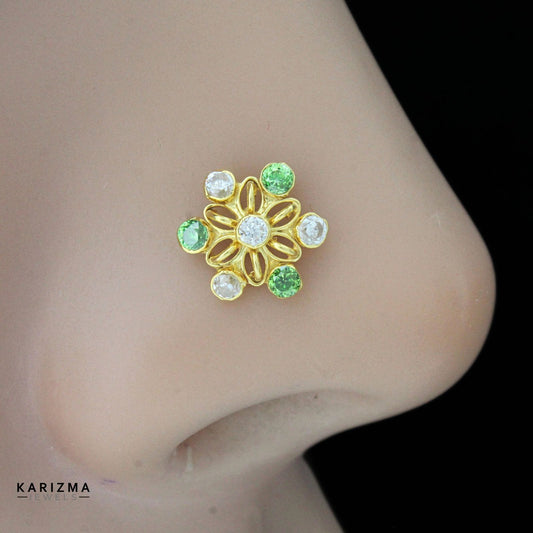 14K Real Gold Indian Women Green White CZ gifting jewelery Nose stud nose ring Push Pin