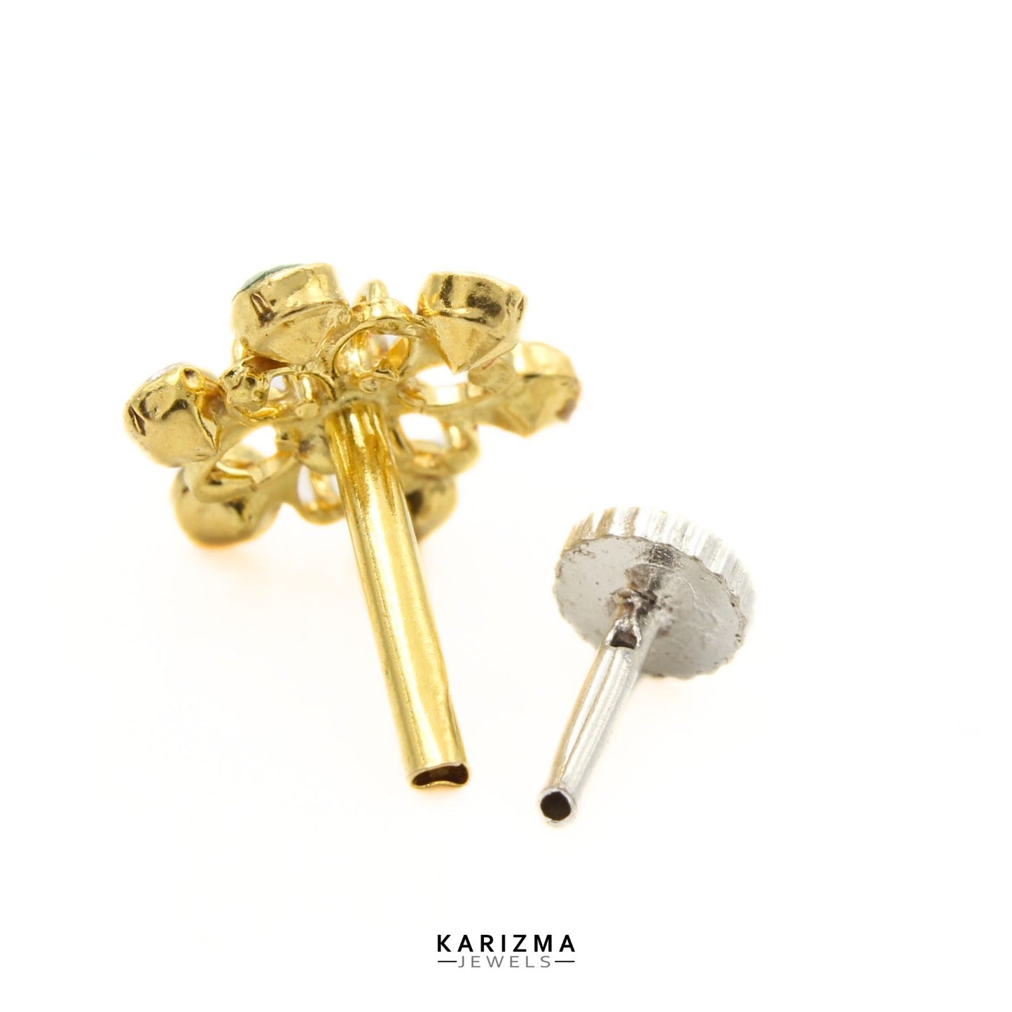 14K Real Gold Indian Women Green White CZ gifting jewelery Nose stud nose ring Push Pin