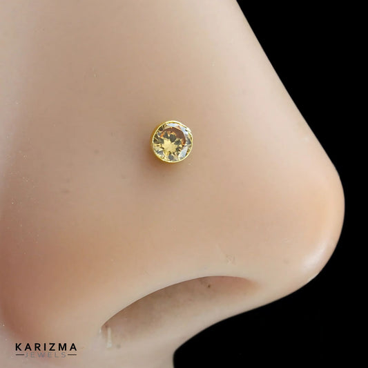 14K Real Gold Women Brown CZ Round Nose Pin nose ring Push Pin