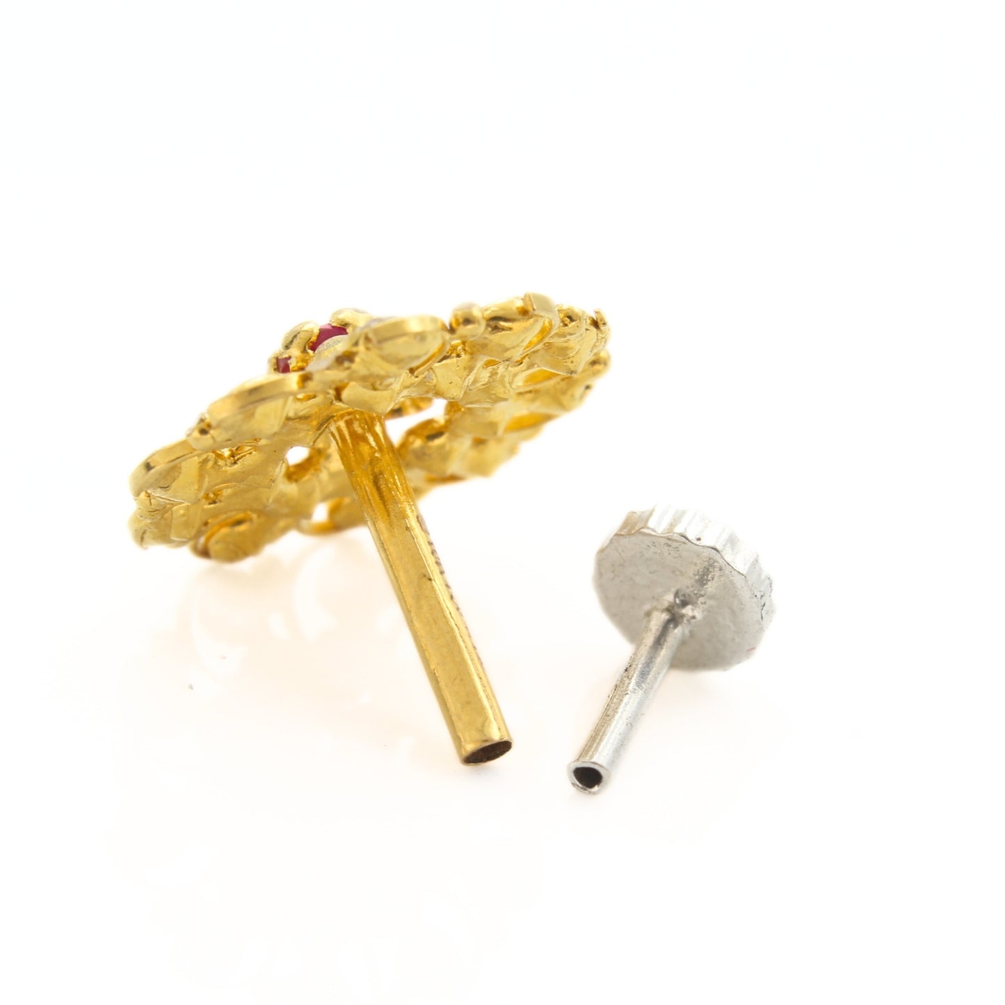 Big 18K Real Gold Pink White CZ Push Pin Nose Pin