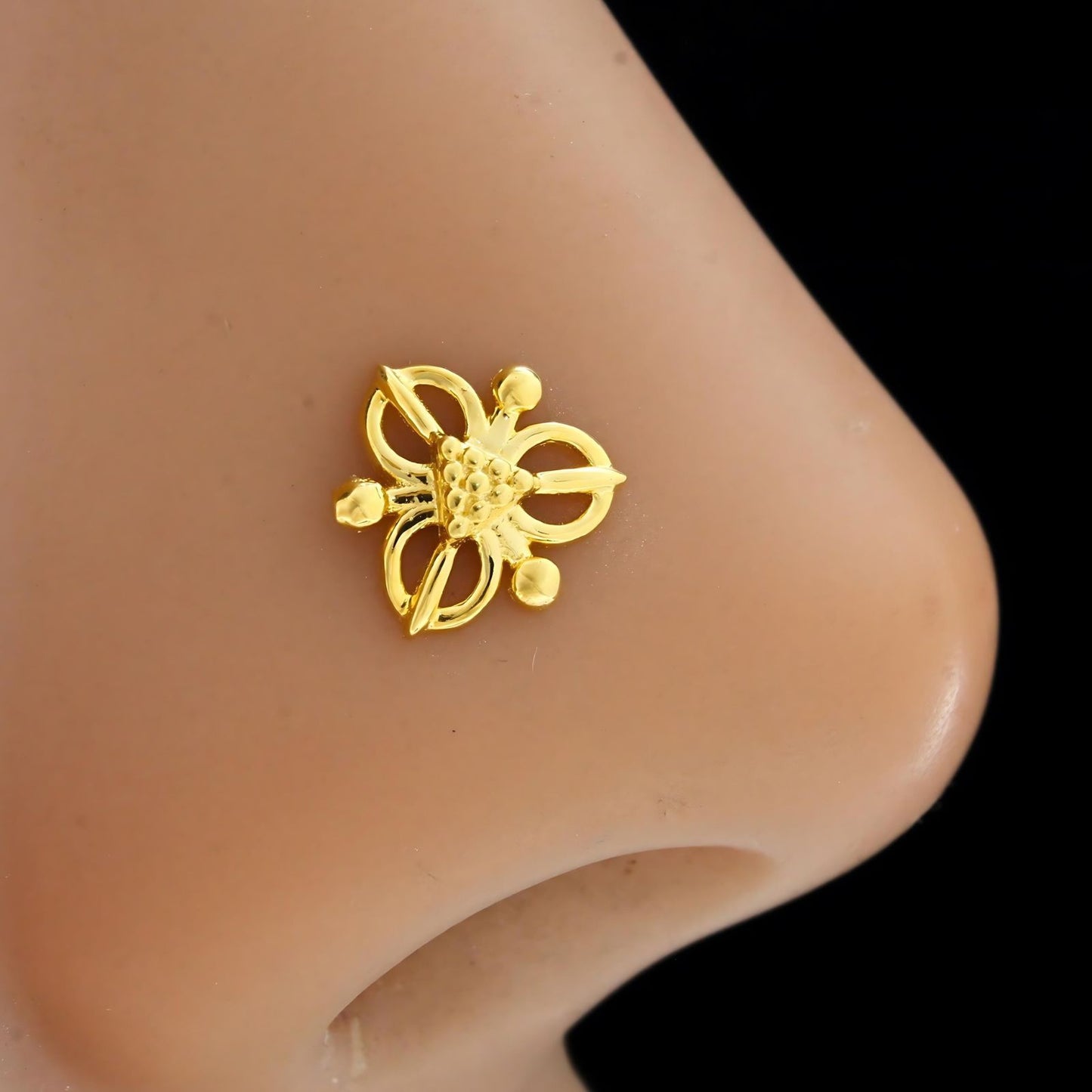 18K Real Gold women floral Nose pin cum Earring Gold Screw Back