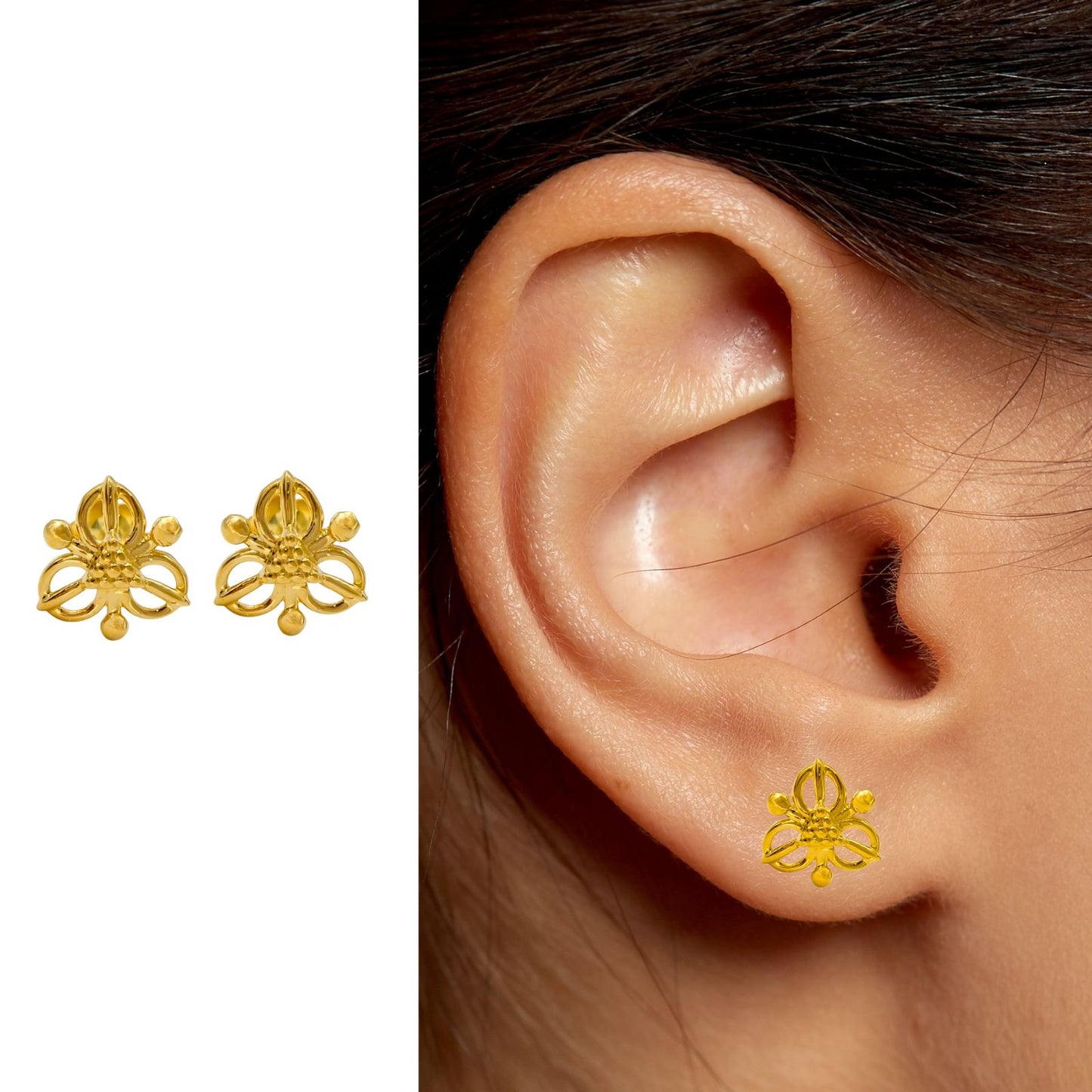 18K Real Gold women floral Nose pin cum Earring Gold Screw Back