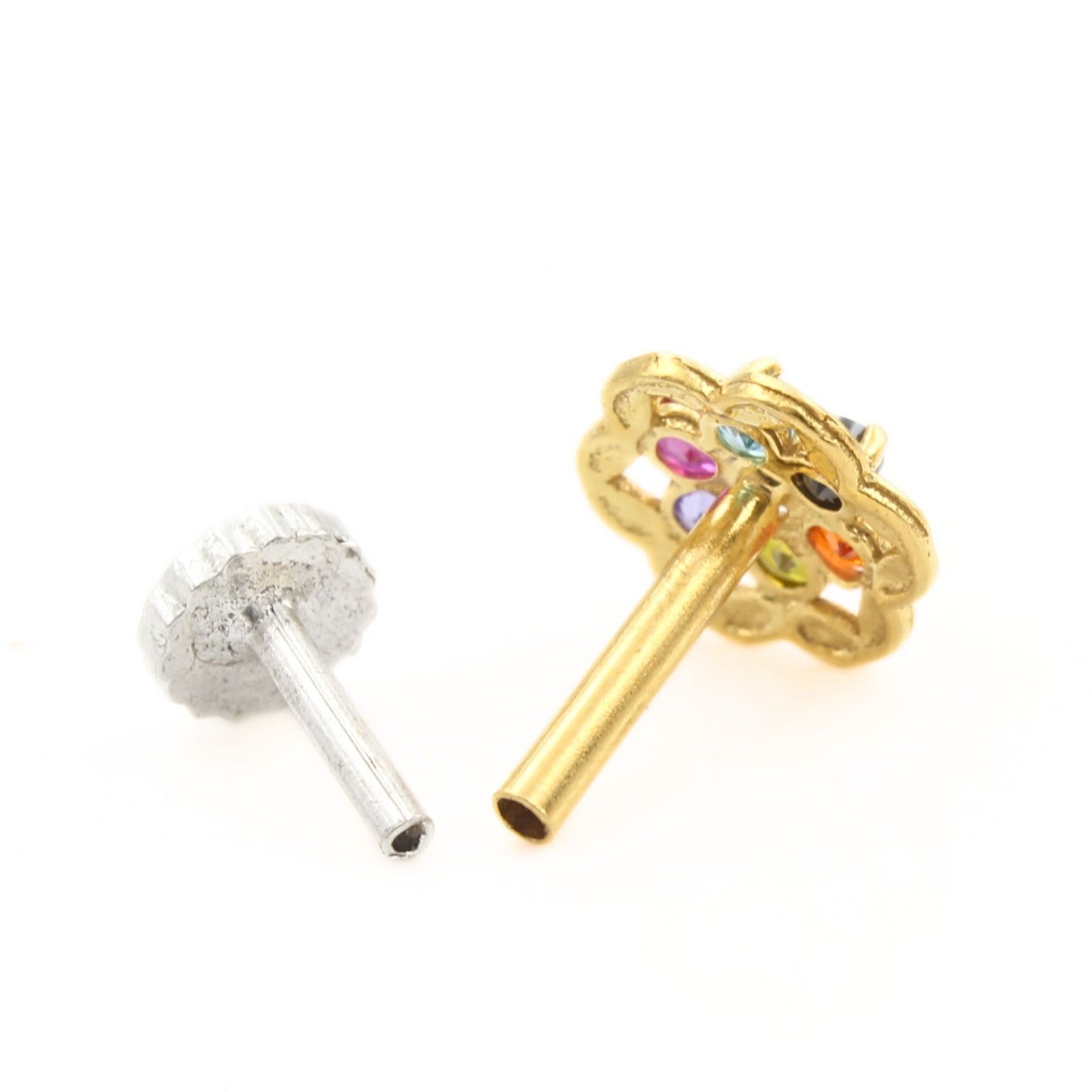 Floral 18K Real Gold Multi CZ handmade Nose pin nose ring Push Pin