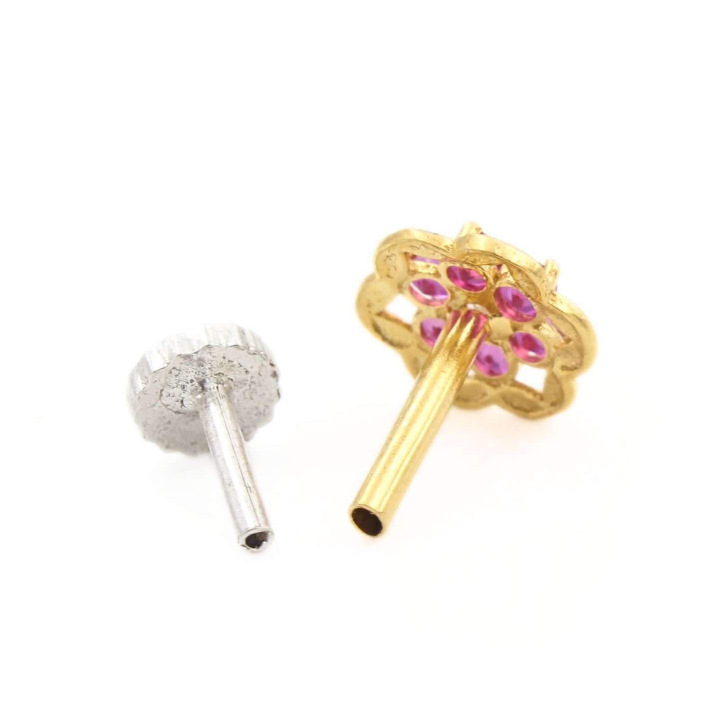 Ethnic floral 18K Real Gold Pink White CZ Nose pin nose ring Push Pin