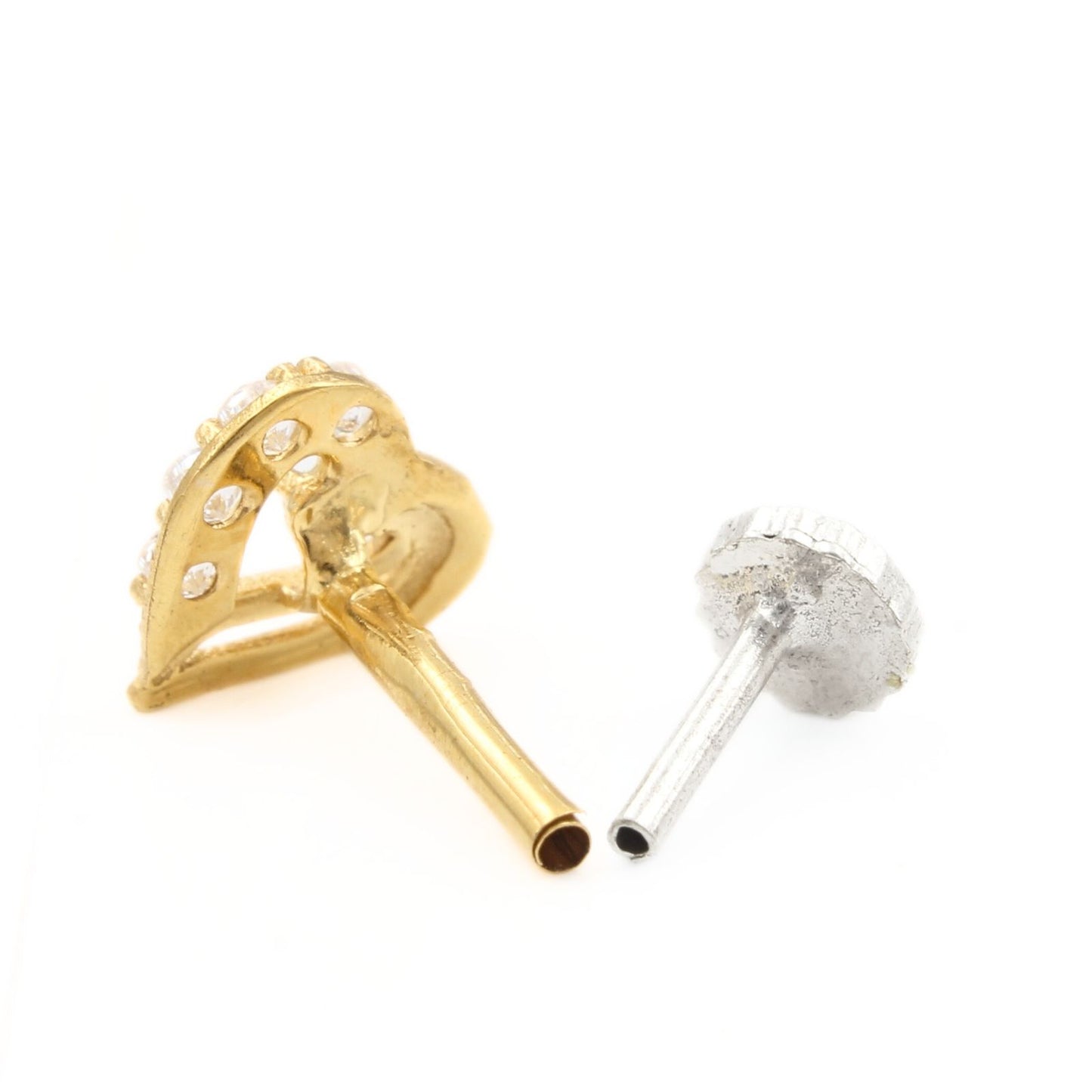 Heart shape 18K Real Gold Clear White CZ Nose pin nose ring Push Pin
