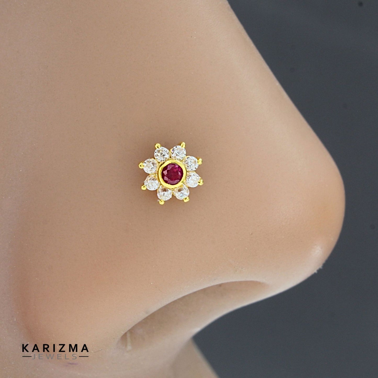 Floral style 18K Real Gold Women Pink White CZ Nose Pin nose ring Push Pin