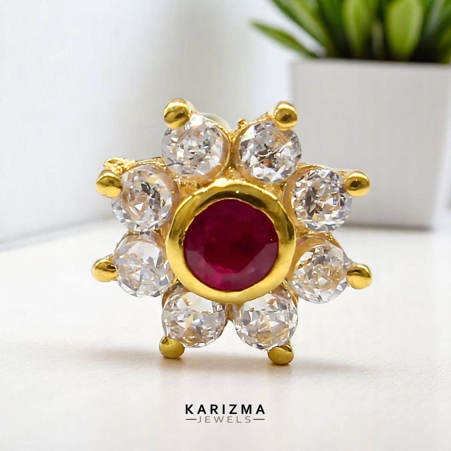Floral style 18K Real Gold Women Pink White CZ Nose Pin nose ring Push Pin