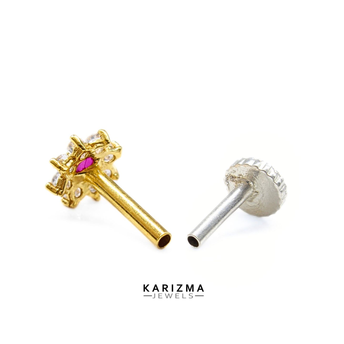 Floral style 18K Real Gold Women Pink White CZ Nose Pin nose ring Push Pin