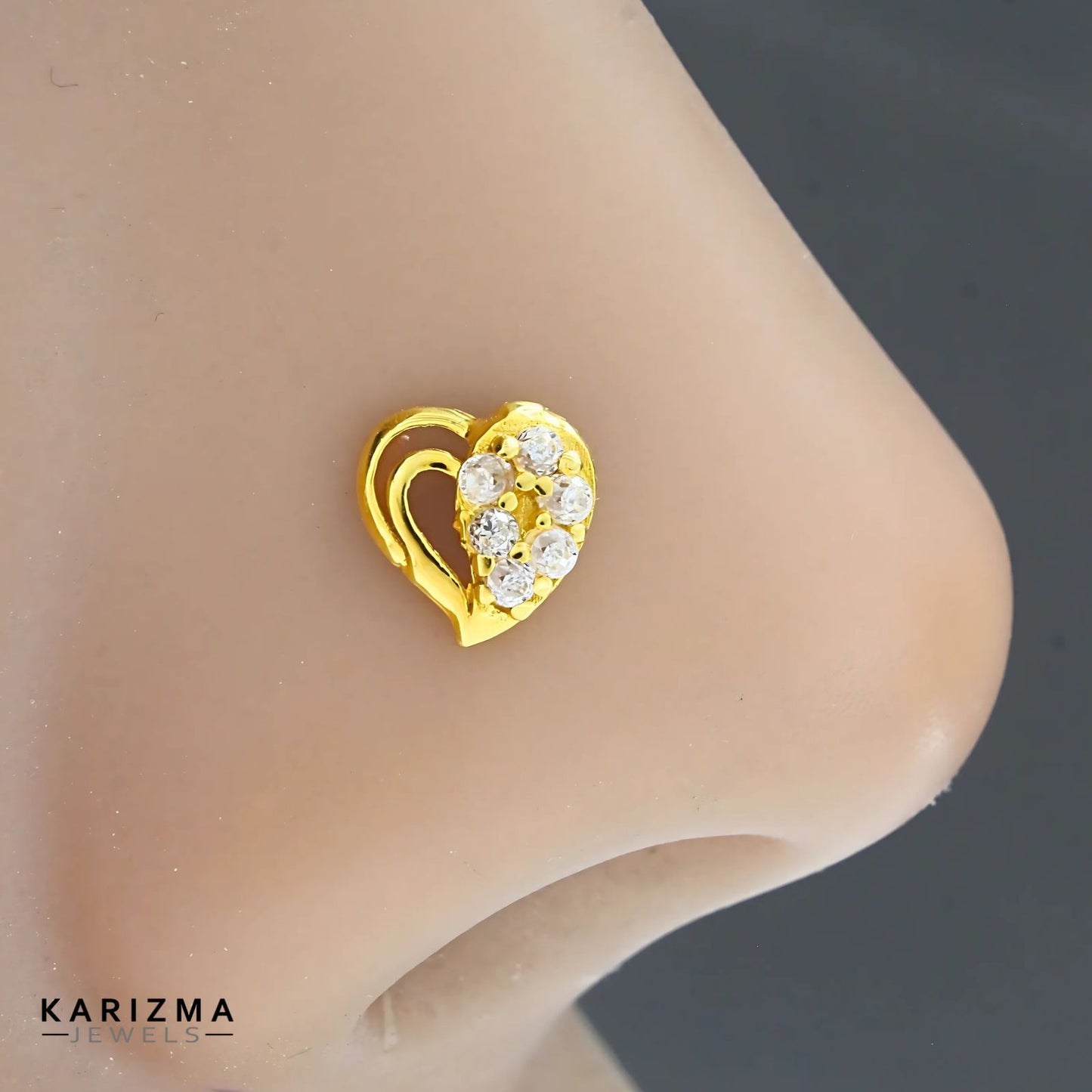 18K Real Gold Women White CZ Heart Shape daily wear Nose Pin nose ring Push Pin
