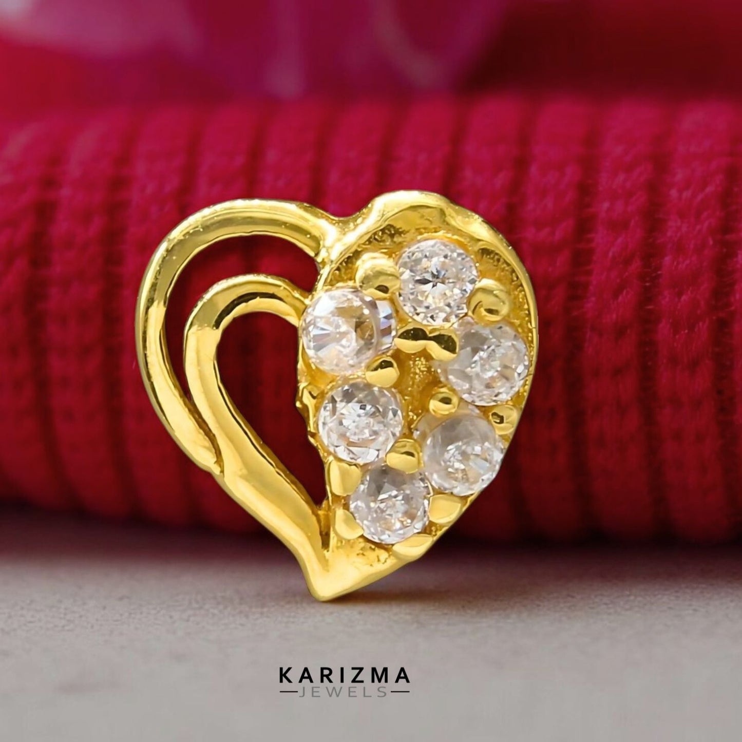 18K Real Gold Women White CZ Heart Shape daily wear Nose Pin nose ring Push Pin