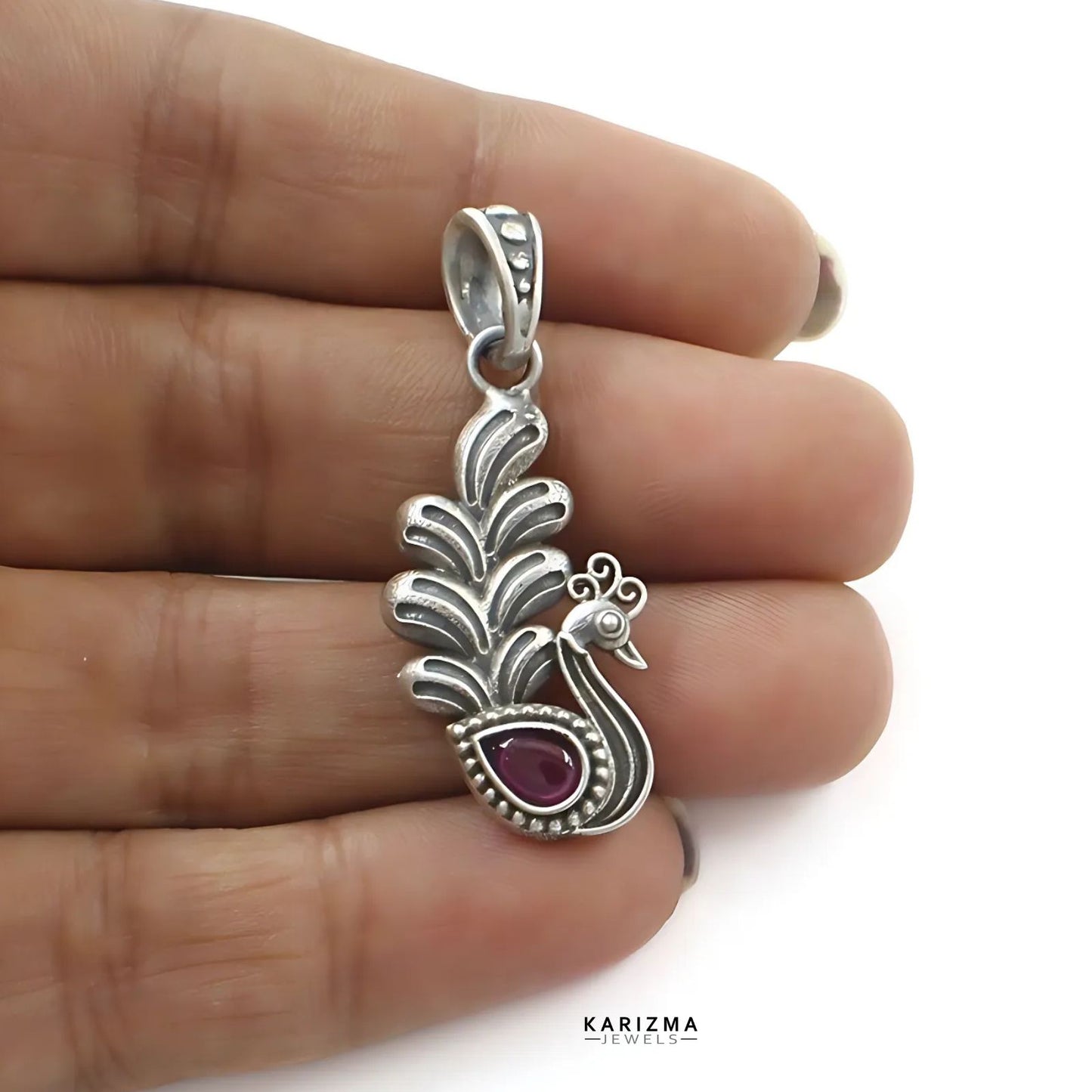 Peacock Design 925 Sterling Silver Pink CZ Oxidized Women best Pendant