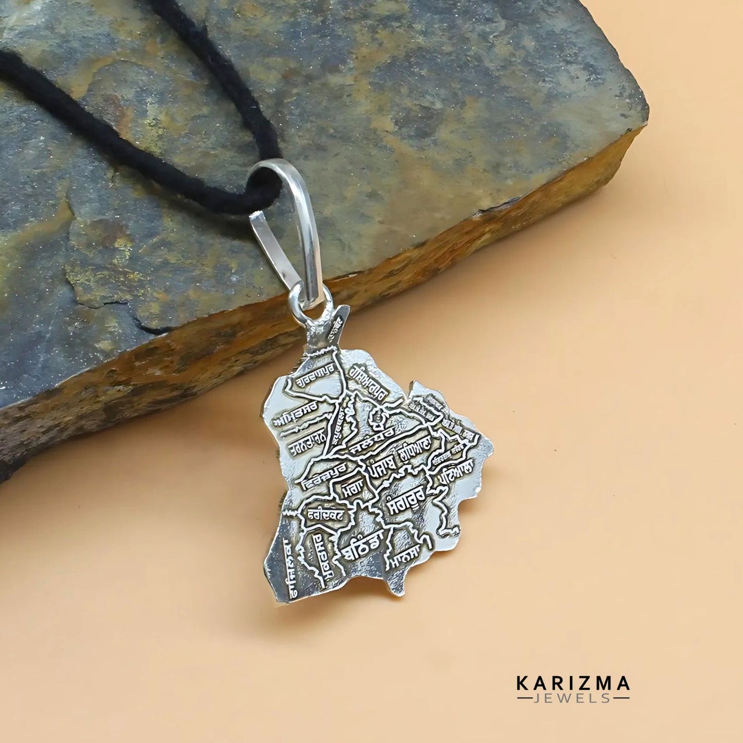 Real Silver Punjab Map with Districts in Punjabi Language Unisex pendant