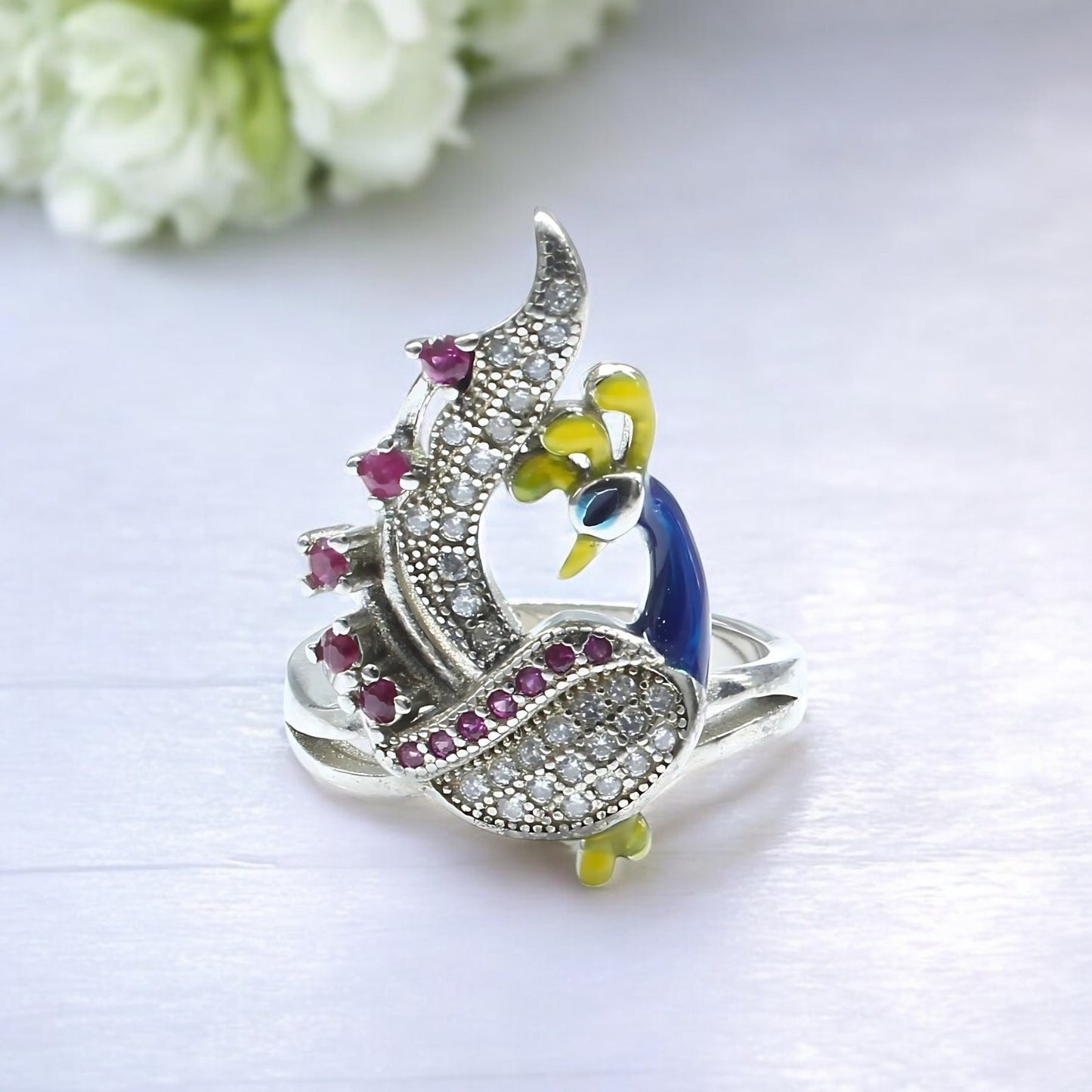 Real 925 Sterling Silver Pink White CZ Women Peacock Ring