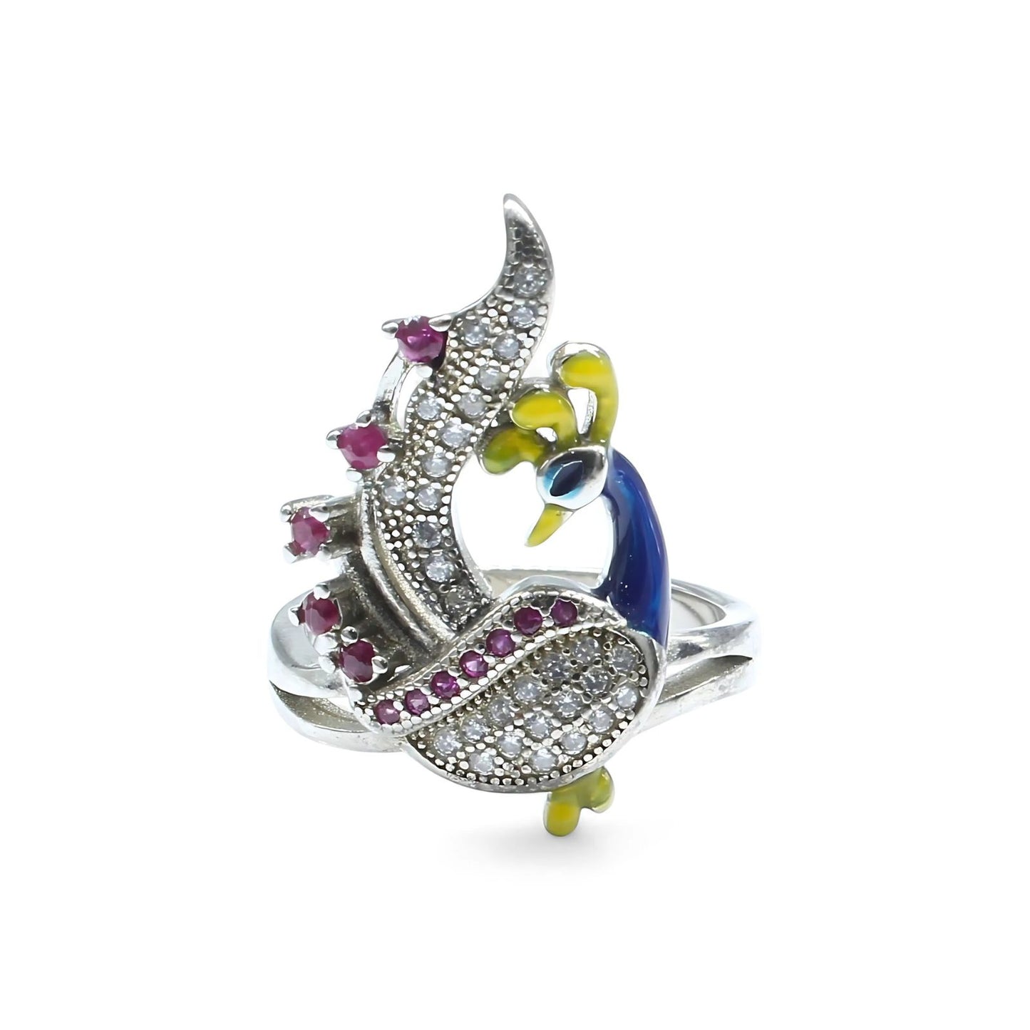 Real 925 Sterling Silver Pink White CZ Women Peacock Ring