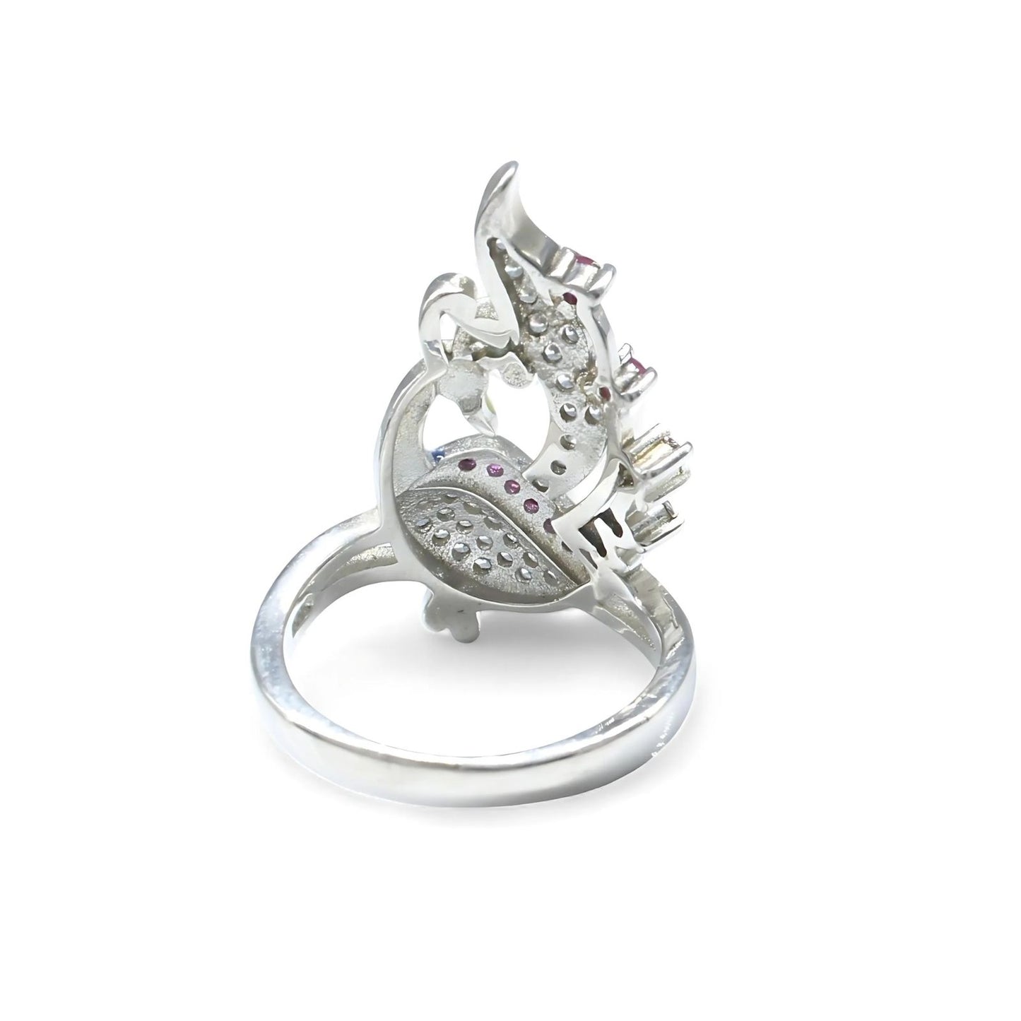 Real 925 Sterling Silver Pink White CZ Women Peacock Ring