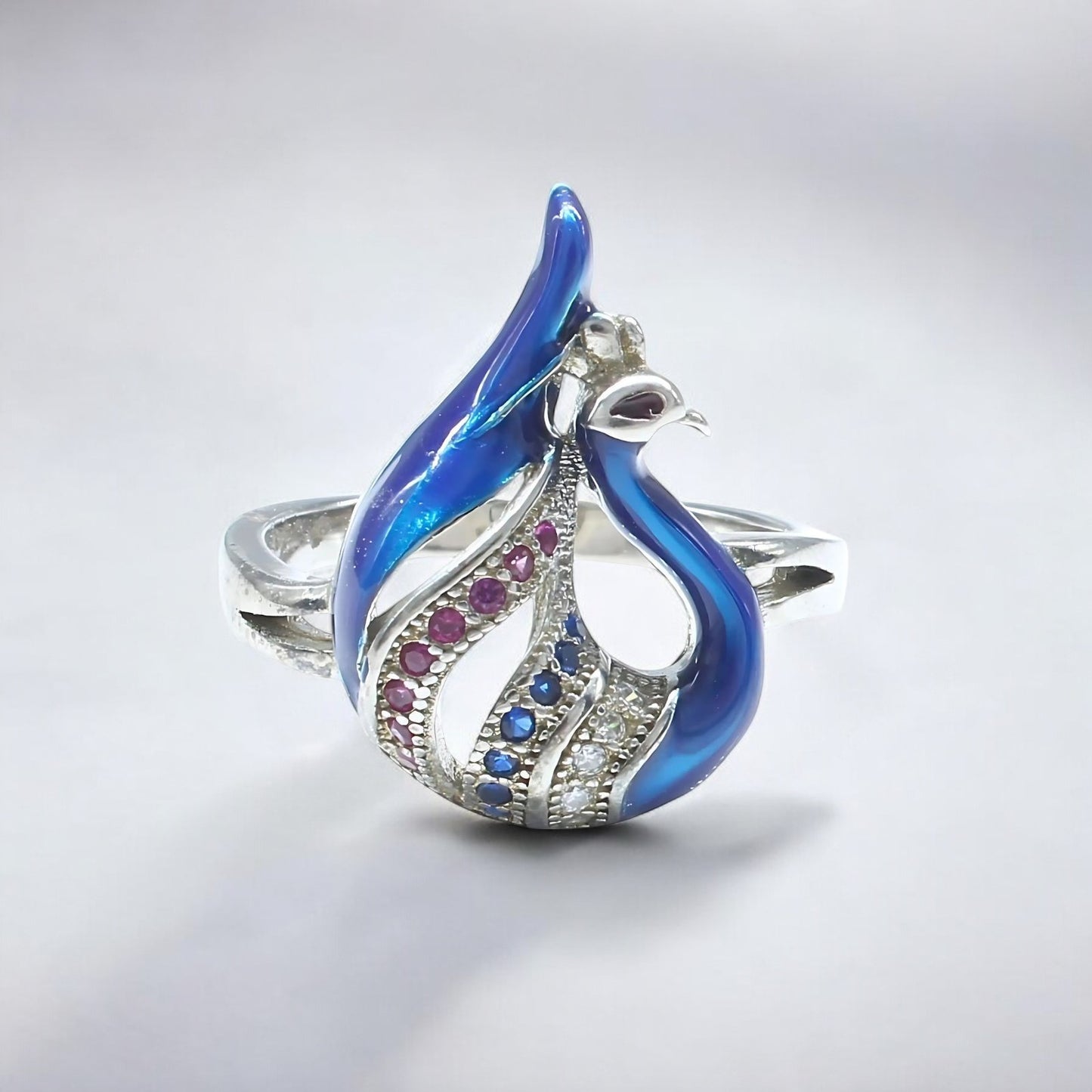 Real 925 Sterling Silver handmade Multi CZ Women Peacock style Ring