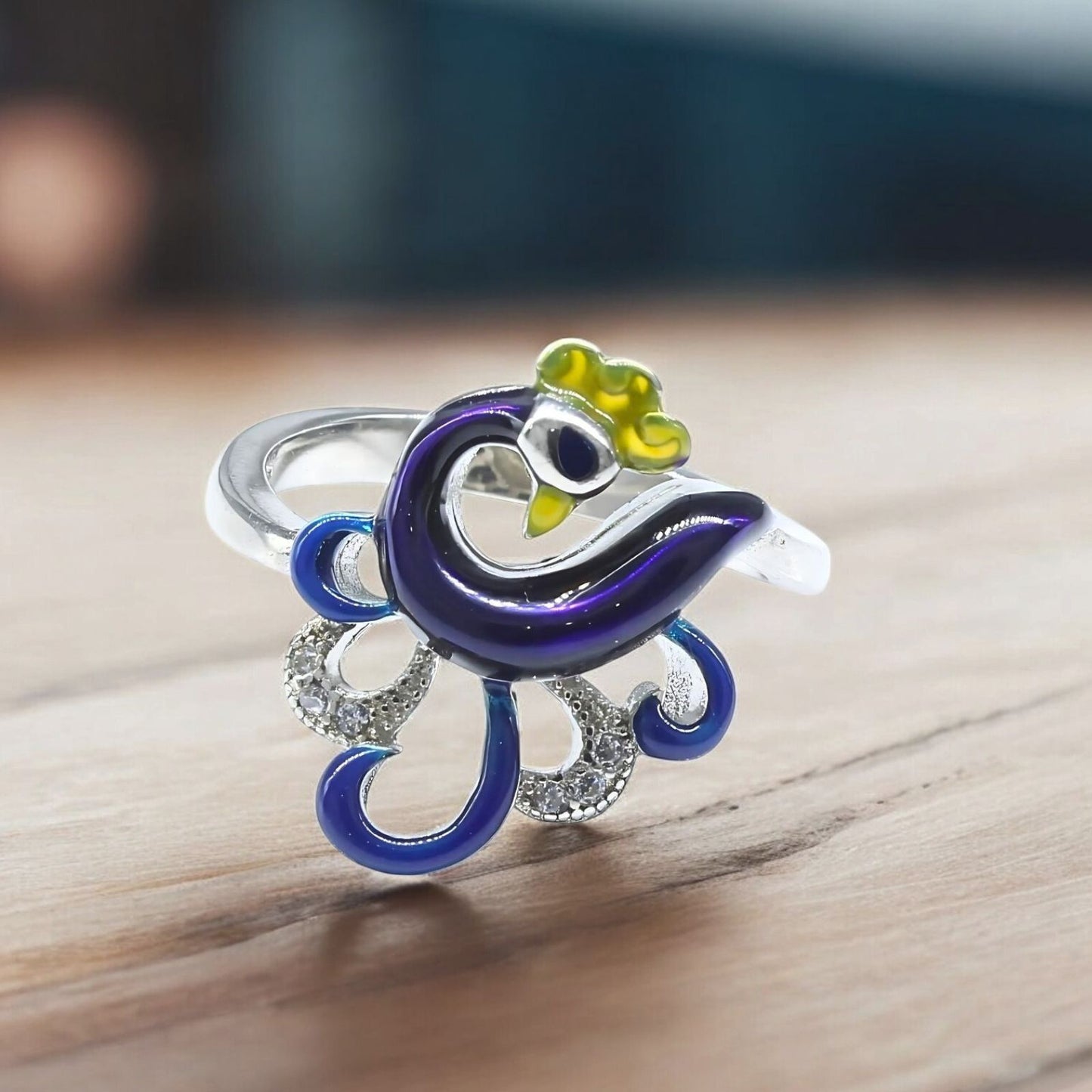 Real 925 Sterling Silver White CZ Women Purple Peacock Ring