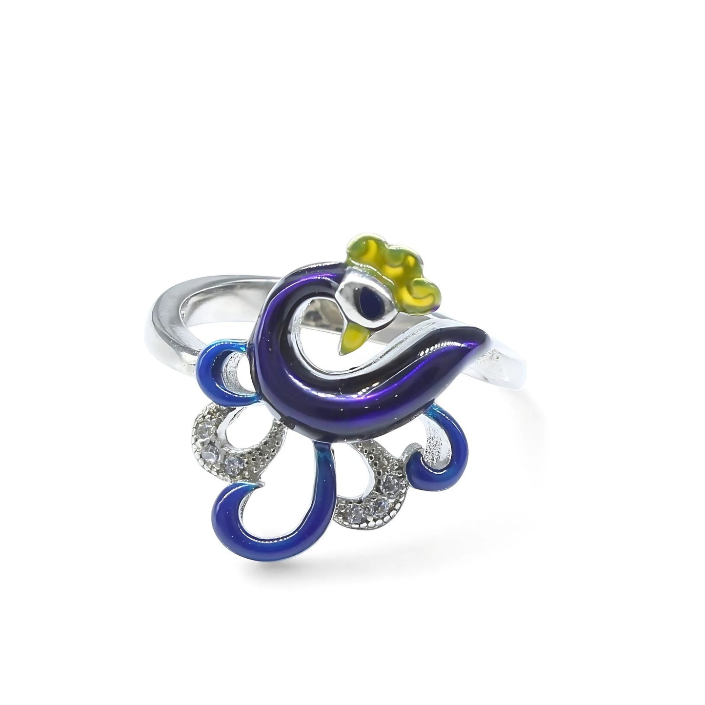 Real 925 Sterling Silver White CZ Women Purple Peacock Ring