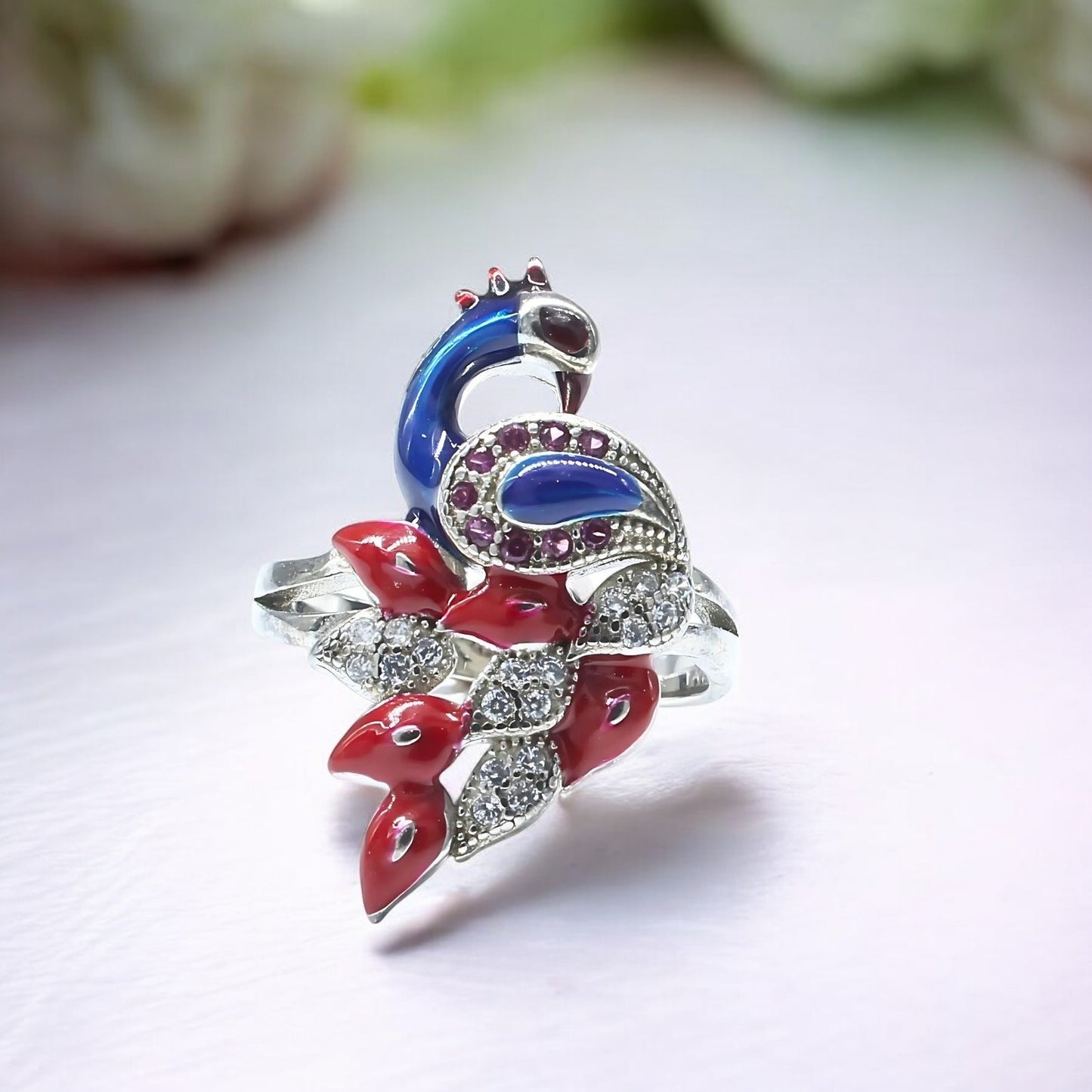 Real 925 Sterling Silver handmade Pink White CZ Women Peacock Ring