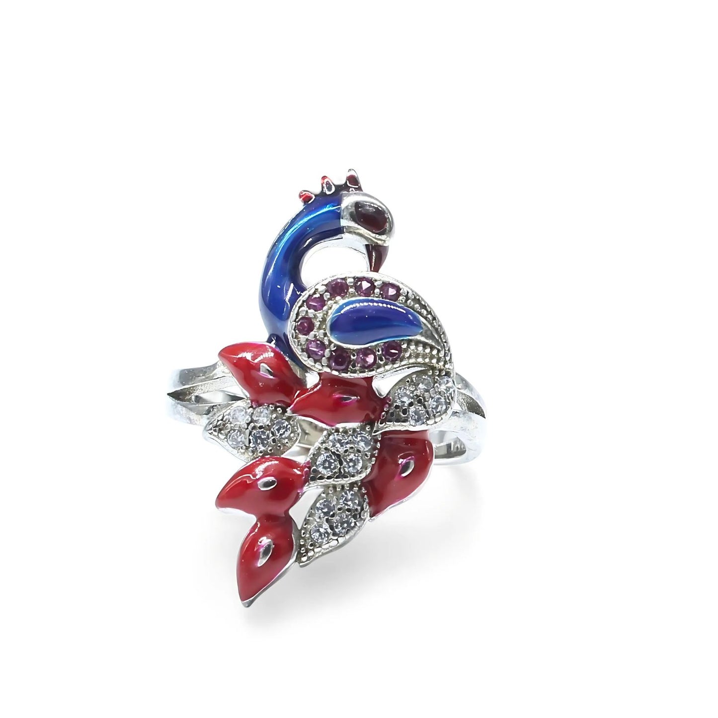 Real 925 Sterling Silver handmade Pink White CZ Women Peacock Ring
