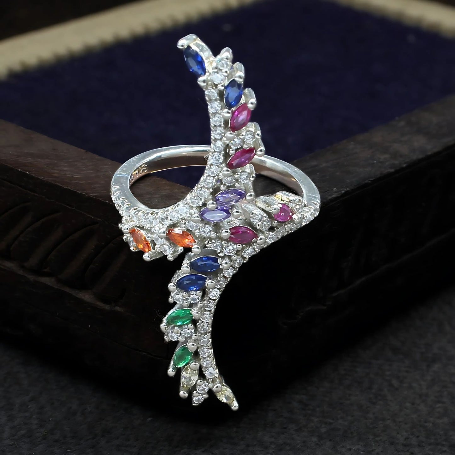 Real 925 Sterling Silver Multi CZ Women statement Cocktail Ring