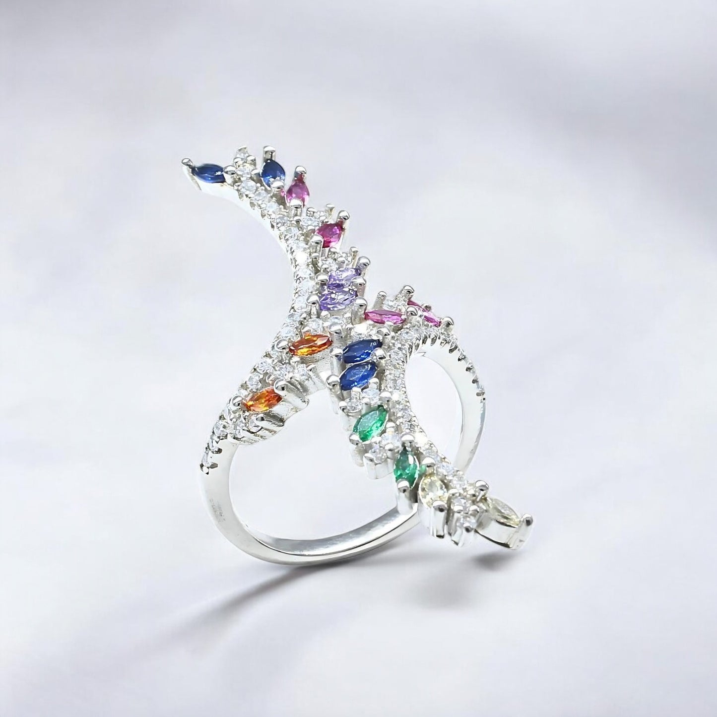 Real 925 Sterling Silver Multi CZ Women statement Cocktail Ring