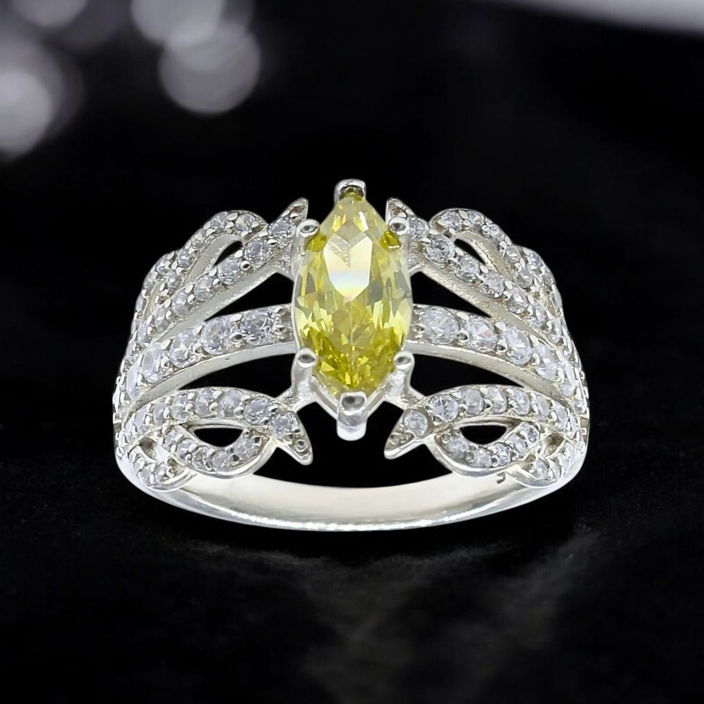 Real 925 Sterling Silver Lemon White CZ Women gorgeous Engagement Ring