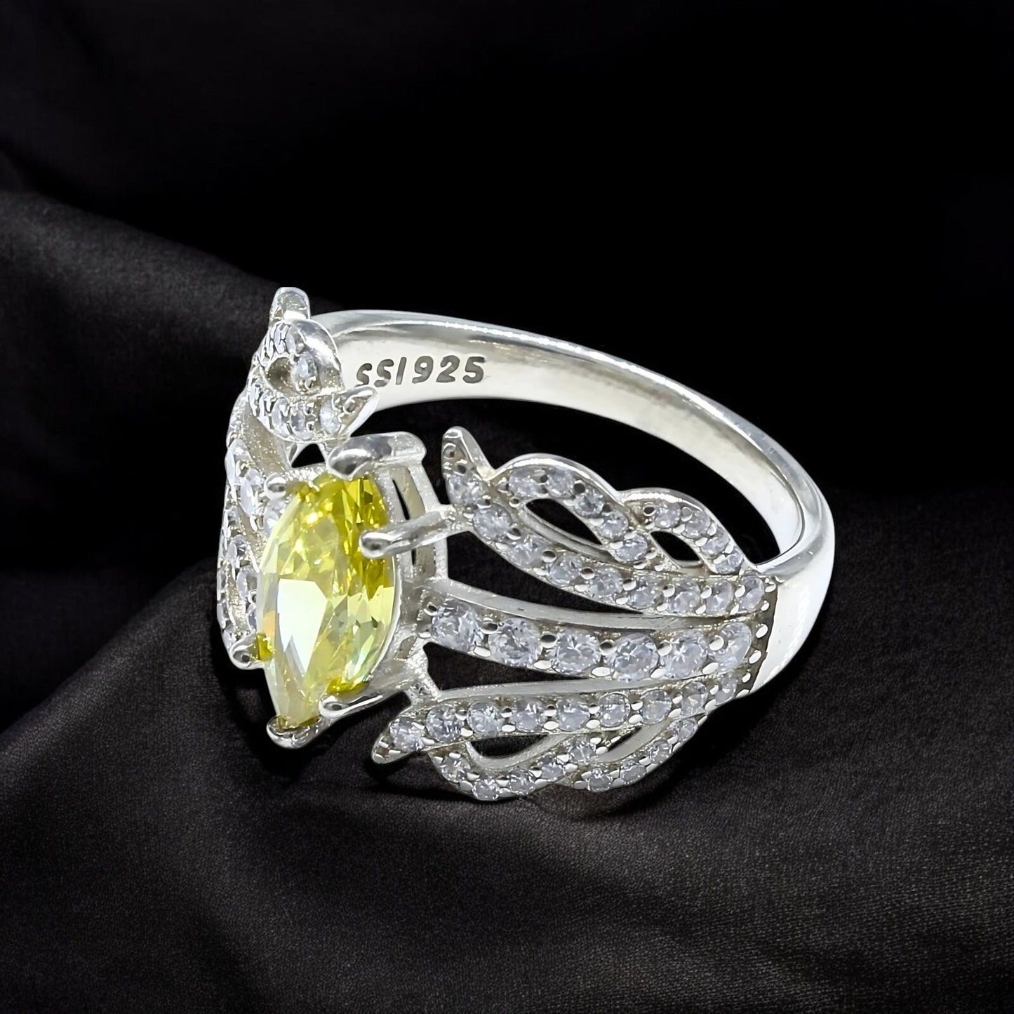 Real 925 Sterling Silver Lemon White CZ Women gorgeous Engagement Ring