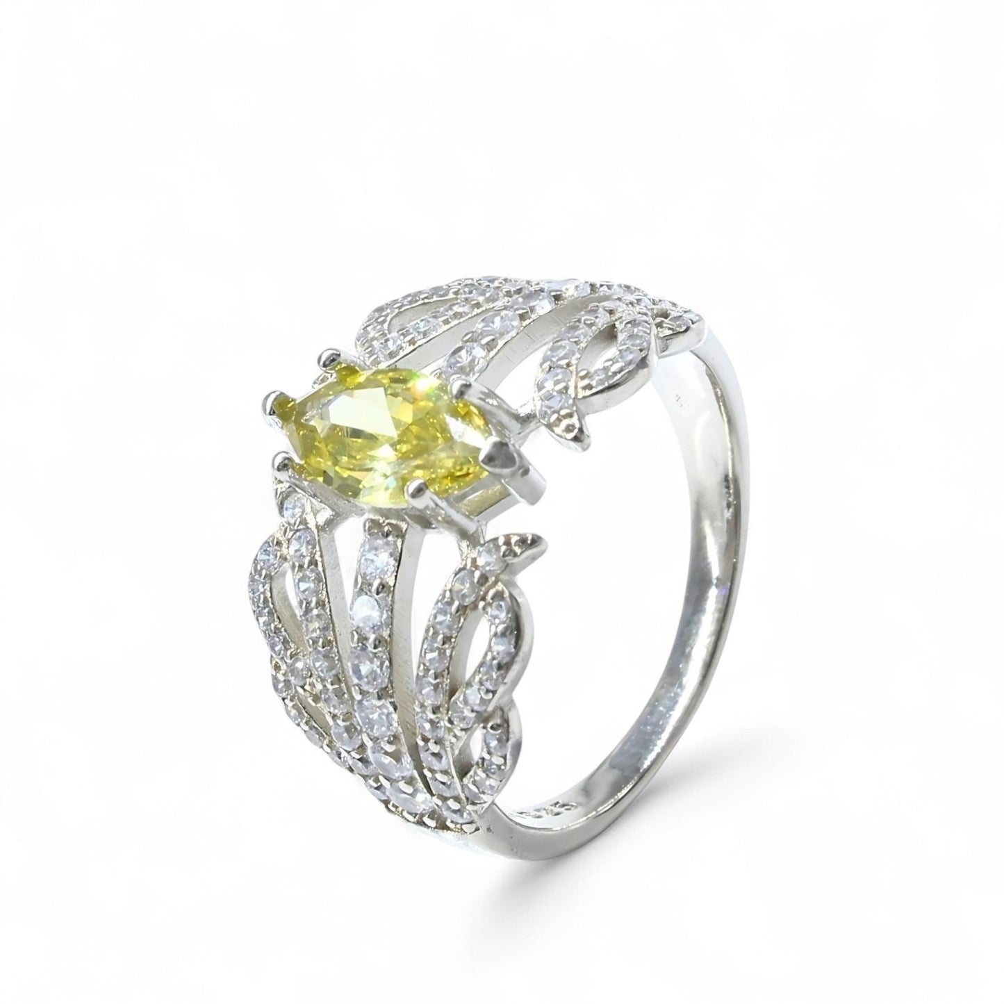 Real 925 Sterling Silver Lemon White CZ Women gorgeous Engagement Ring