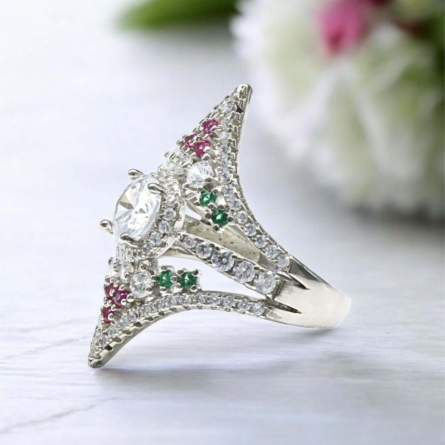 Real 925 Sterling Silver Multi CZ Women statement Ring