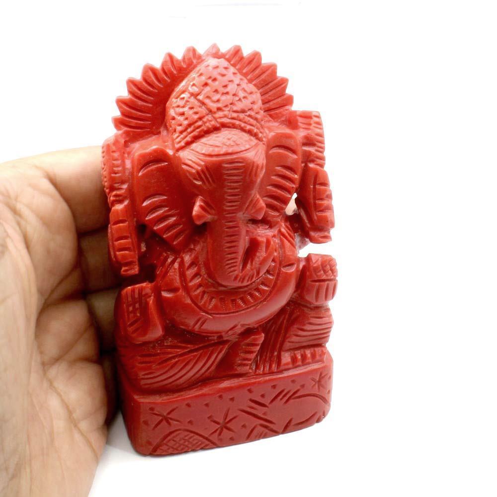 Red Coral Carved Lord Ganesha God Statue Idol Religious