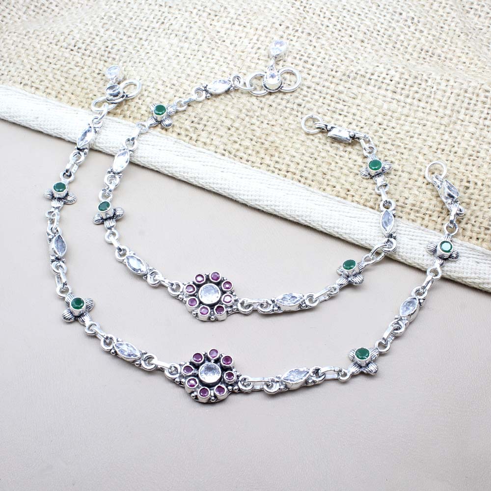 Indian 925 Real Sterling Silver CZ Oxidized Anklets 10.5"