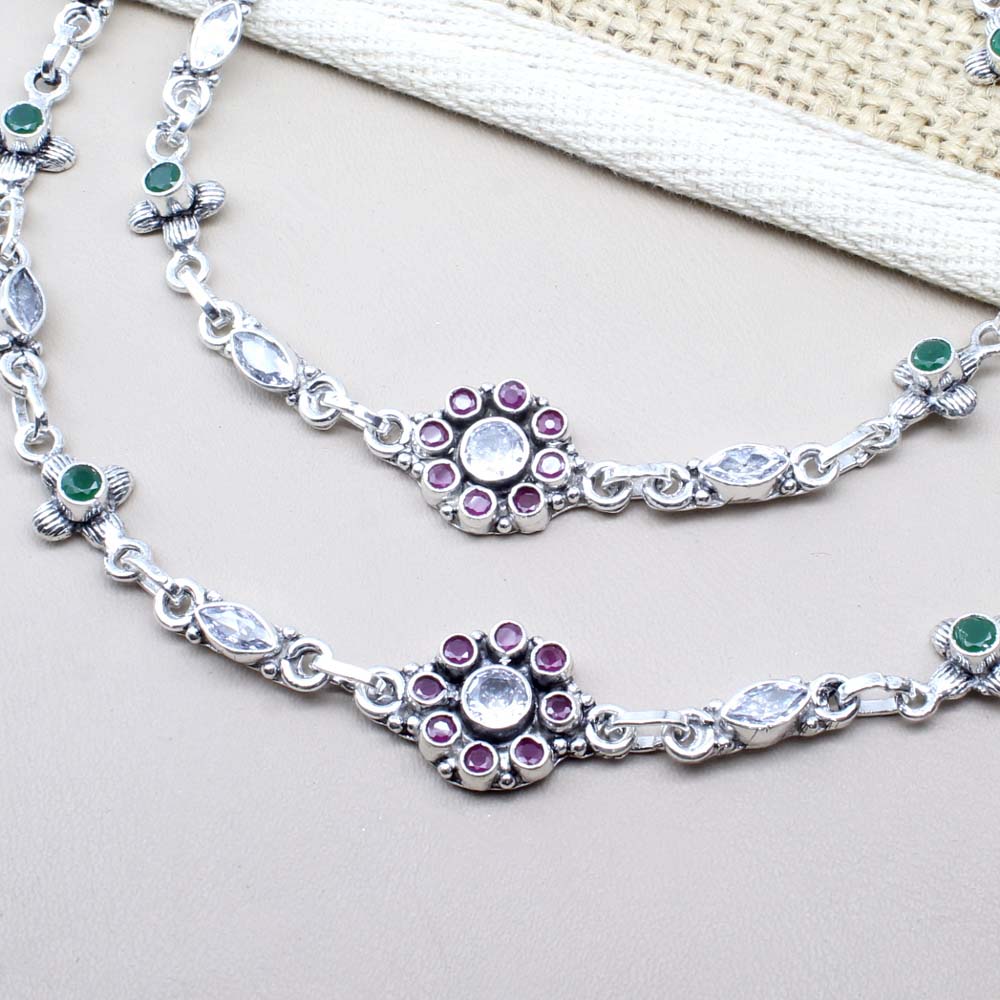Indian 925 Real Sterling Silver CZ Oxidized Anklets 10.5"