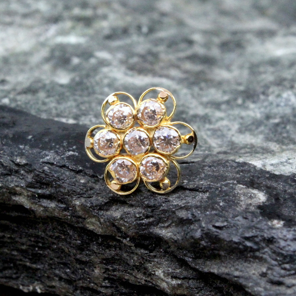 Beautiful 14K Real Gold Nose pin with White stones for women