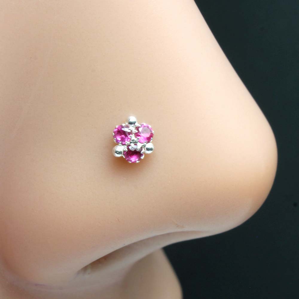 Tiny Sterling Silver Nose pin with Three Pink stones