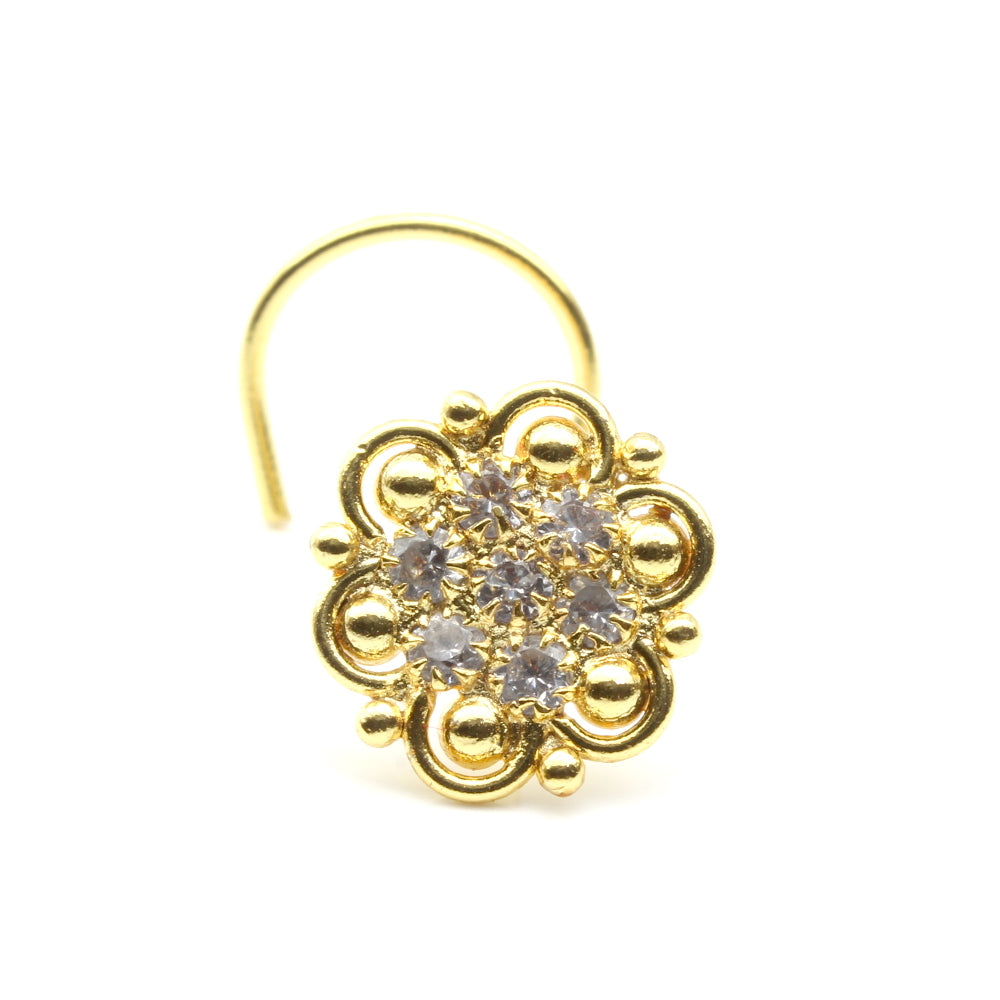 Beautiful Gold Plated Nose Stud White CZ L Bend nose ring 22g
